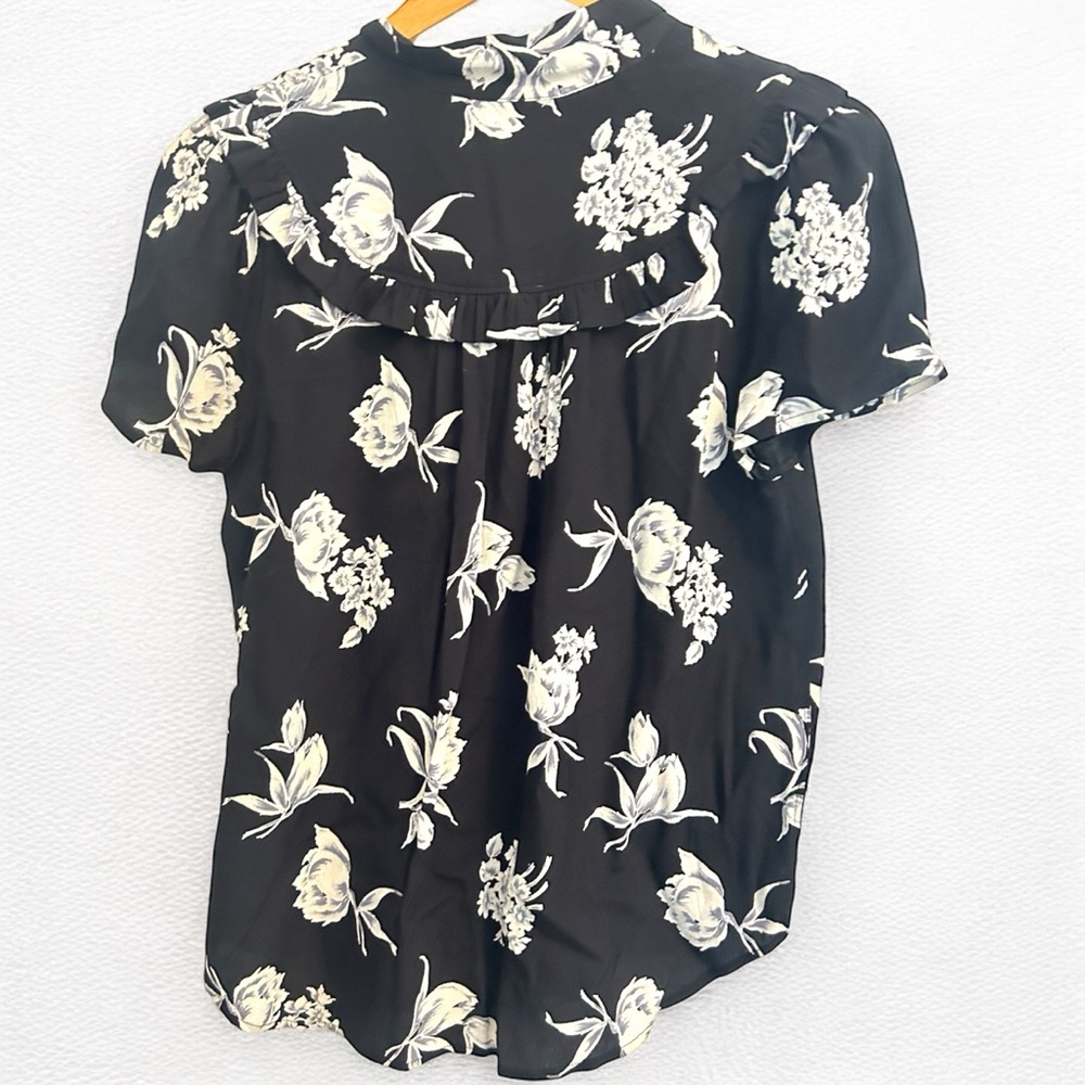 Maeve by Anthropologie • Black Floral Adagio Ruffle Button Top Tie Neck Sz Small - Picture 5 of 10